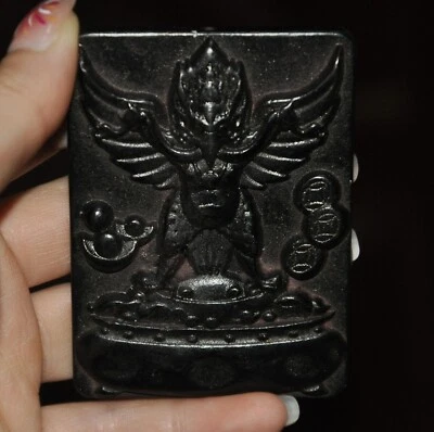 3" old Tibet Meteorite iron Carved Winged Garuda Bird God Tantra Buddha pendant - Image 1 of 4