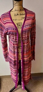 Chico's 1 Women's Sz M Zig Zag Carly Duster Open Cardigan Pink Eclectic Casual - Picture 1 of 12