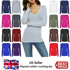 Womens Ladies V Neck Long Sleeve T Shirt Plain Tunic Jersey Tops Sizes 8-26 UK - Picture 1 of 14