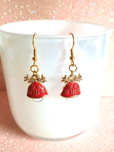 🎄🔔Cute Enamel Red Christmas Bell Gold Plated Earrings🔔🎄 - Picture 1 of 9