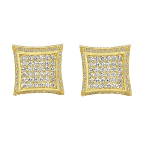 Genuine 14k Yellow Gold 10mm Unisex Mens Square Shaped Micro Pave CZ Kite Studs - Picture 1 of 4