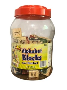 Vintage Educational Alphabet Wood Blocks and Bucket INCOMPLETE 39 Blocks - Picture 1 of 9
