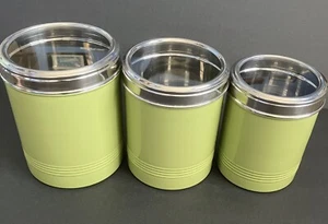 Retro Olive Green Metal Canisters Set of 3 Great condition vintage - Picture 1 of 11