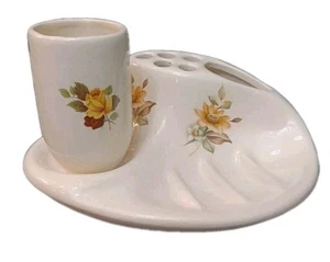 ViINTAGE SOAPDISH TOOTHBRUSH HOLDER CUP SET YELLOW FLOWER MID CENTURY - Picture 1 of 18