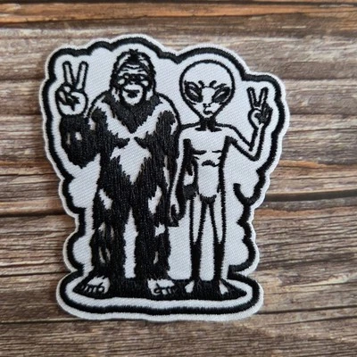 Bigfoot Sasquatch Friends With Grey Alien Cryptid Biffles Iron On Patch - Image 1 of 2