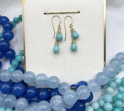 14k Turquoise Earrings Natural Briolette Handmade Dangle Arizona - Image 1 of 4