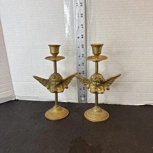 Vintage PAAR ANTIKE MESSING PUTTI ENGEL KERZENLEUCHTER Hergestellt in Indien 7 Zoll - Bild 1 von 10