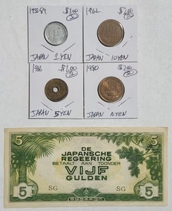 1942 Japan/Niederlande Ostindien 5 Gulden und 4 Japan Münzen - Bild 1 von 10
