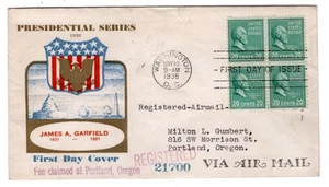 #825 Presidential Series 20c James Garfield 1938 FDC - Planty #28 Multnomah - Picture 1 of 2