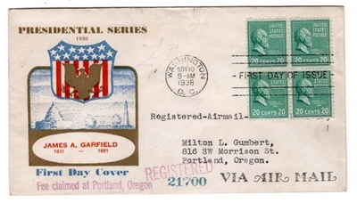 #825 Presidential Series 20c James Garfield 1938 FDC - Planty #28 Multnomah - Image 1 of 2