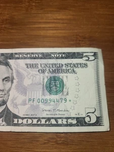 2017A $5 Federal Reserve Star Note Bill # PF 00994479* Circulated  - Picture 1 of 3