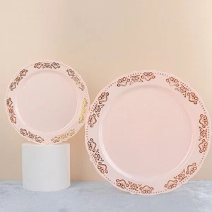 8 in Blush Round Salad Plates Gold Trim Wedding Party Disposable Supplies Bulk - Picture 1 of 8