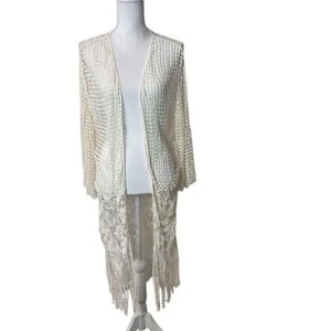 Ivory Crochet Kimono Cardigan S Bohemian Fringe Open-Front Floral Lace - Picture 1 of 10