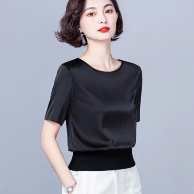 Mujeres Informal 100% Seda Camiseta Camisetas Manga Corta Cintura Blusa Básica Verano Top Foto 1 de 4