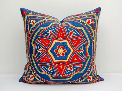 Blue Medallion Suzani pillow cover Silk on Silk hand work Best Embroidery Suzani - Image 1 of 4