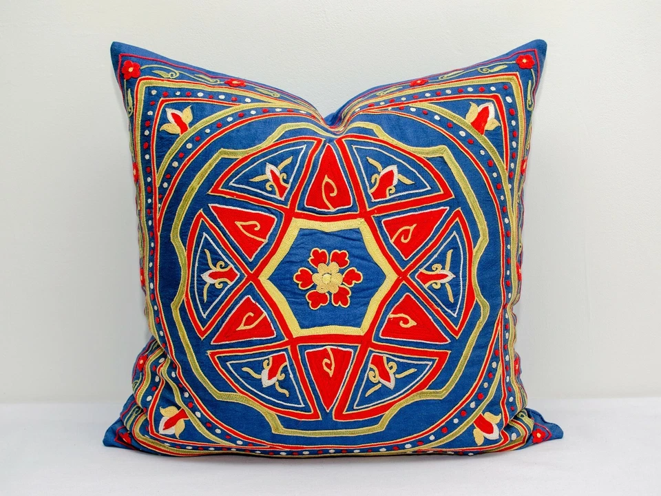 Blue Medallion Suzani pillow cover Silk on Silk hand work Best Embroidery Suzani - Image 1 of 4
