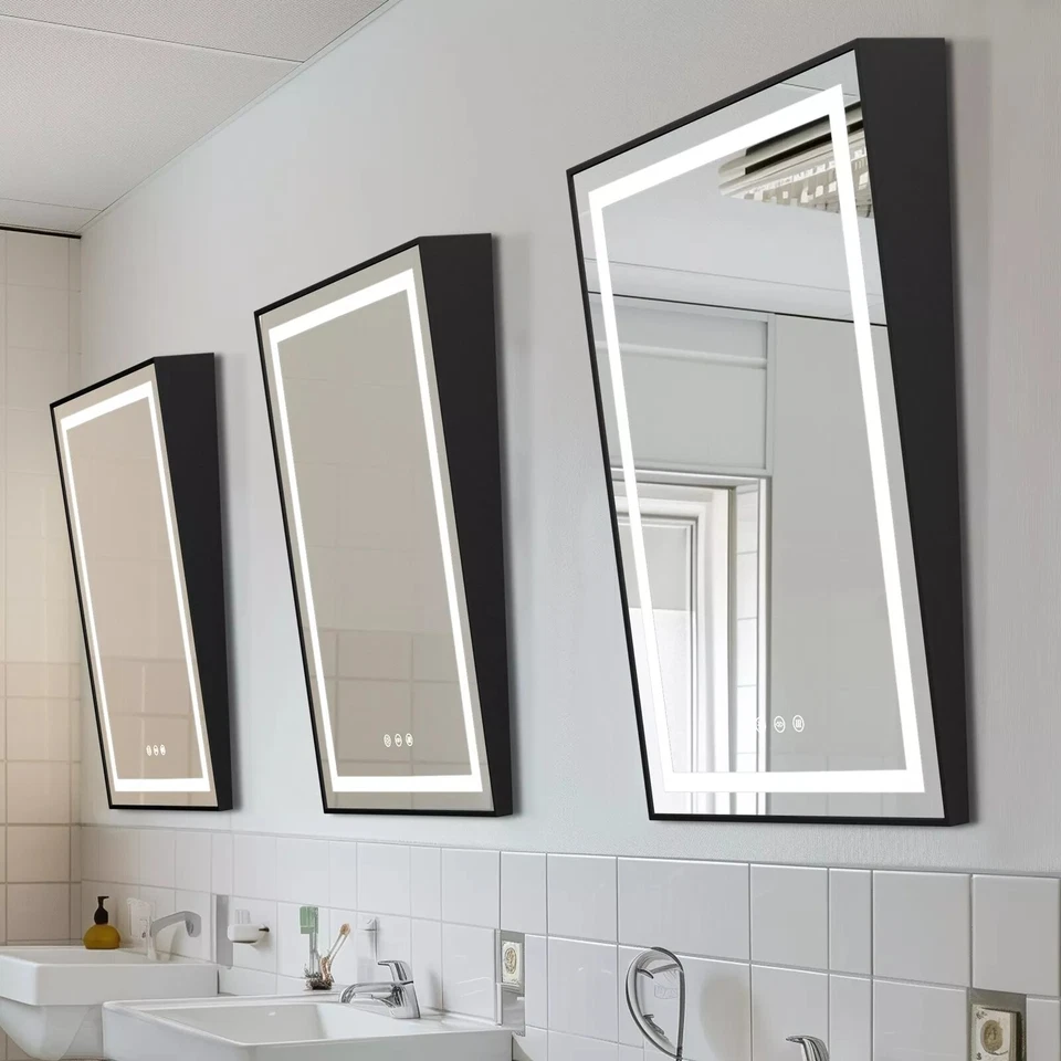 Espejo fijo ADA para baño con iluminación LED con marco inclinable tocador espejo de 3 colores Foto 1 de 4
