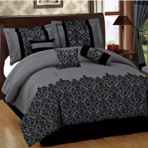 Queen Comforter Set 7 pcs Gray Black Luxury Flocked Lace RN 113119 Fancy Elegant - Picture 1 of 12