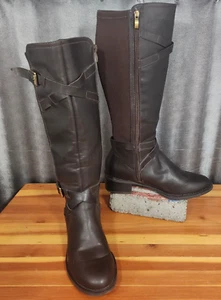 Franco Sarto Brown Knee High Riding Boots Chrome Zip Up Size 8.5M Neoprene Calf - Picture 1 of 13