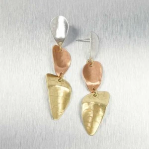 Marjorie Baer Silver Brass Copper Three Piece Graduated Hammered Petals Earrings - Picture 1 of 6