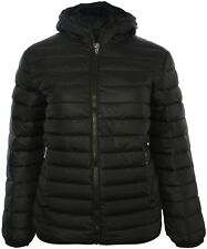 Black Quilt Puffer Jacket Lightly Padded Coat Hood Parka Zip Pockets