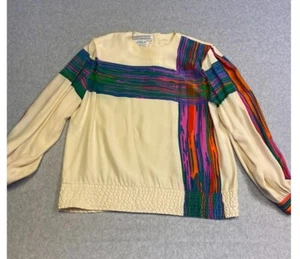Starington Saks Fifh Avenue Womens Blouse Top Medium Beige Long Sleeve Striped - Picture 1 of 10