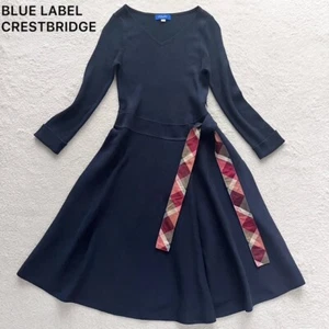 Blue Label Crestbridge Navy Knit Dress CB Check Belt A-Line Flare 38 from Japan - Picture 1 of 9