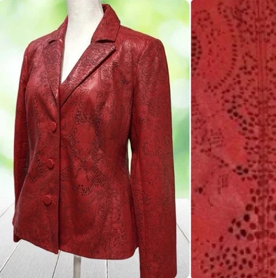 Vintage DONCASTER Jacket Women 8 Red Leather Blazer Perforated Lace Pattern Chic - Image 1 of 4