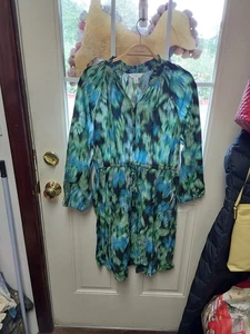 Nwt Time And Tru Womens Ruffle Neck Dress Green Blue Blk S 4-6 - Picture 1 of 2