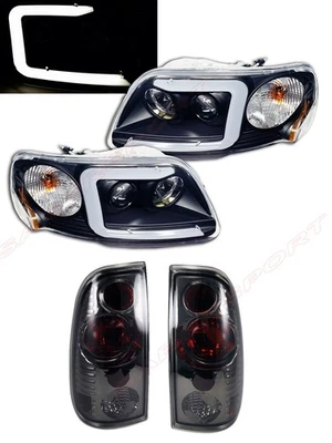 Black LED C-Bar Projector Headlights + Smoke Tailights for 1998-2003 Ford F-150 - Image 1 of 4