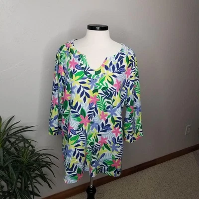 Camisa túnica de playa floral mezcla de lino multicolor Coral Bay para mujer 2X Foto 1 de 4