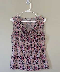 Tahari Arthur S. Levine Sleeveless Top L Pink Black Abstract Print Cowl Neck - Picture 1 of 9