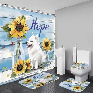 4 PCS Yellow Sunflower Floral Shower Curtain Sets,White Dog Vase Bathroom Set... - Picture 1 of 8