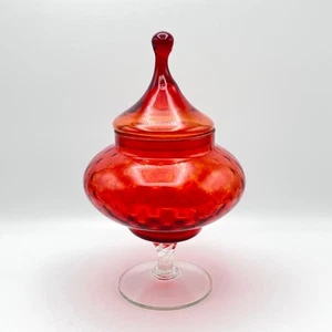 Midcentury Empoli Red & Clear Optic Circus Tent Lidded Apothecary Candy Jar - Picture 1 of 10