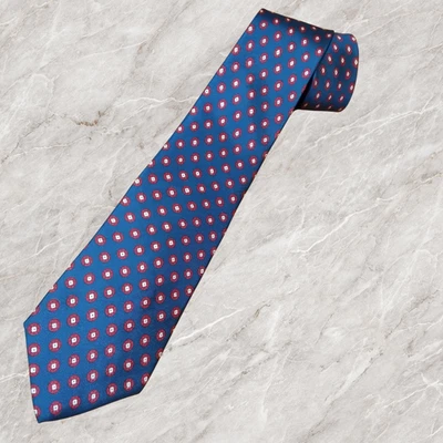 Gravata masculina Sulka 100% seda azul marinho vermelho/branco pontos geométricos, feita na Inglaterra vintage - Imagem 1 de 4