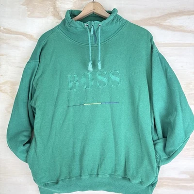 Moletom com capuz vintage anos 90 Hugo BOSS America verde azul-petróleo ColorBlock soletrado tamanho médio - Imagem 1 de 4