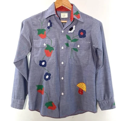 Camisa vintage años 70 JC Penney para mujer mediana Big Mac apliques bordados azules Foto 1 de 4
