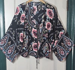 Cottagecore Xhilaration Blouse Size L Black Paisley Floral Print Zip Tie Shirt - Picture 1 of 23