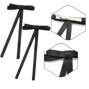 2pk Black Skinny Ribbon Bows With Tails Hair Concord Beak Slide Clips - Picture 1 of 5