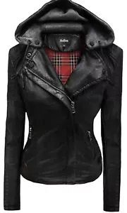 Hoffen Premium Vegane Lederjacke für Damen mit abnehmbarer Kapuze 2X fällt klein aus Neu mit Etikett - Bild 1 von 3