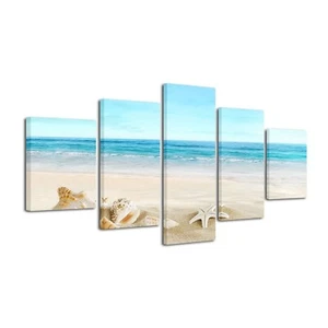 Pyradecor Seashell Large 5 panels Seascape Canvas Prints on Modern Stretched ... - Picture 1 of 6