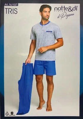 PIGIAMA uomo-notte&dì-3PEZZI-Maglietta mezza manica-Pantaloni Lunghi e Corti-COT - Immagine 1 di 4