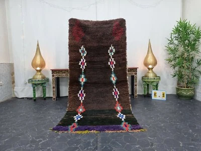 Moroccan Handmade Vintage  Rug 3'3"x7'3" Berber Geometric Dark Brown White Rug  - Image 1 of 4