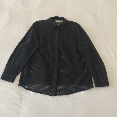 Blusa Top Para Mujer Ojales Camisa Carrera Oficina Manga Larga Botón Delantero Negra Lg Foto 1 de 4