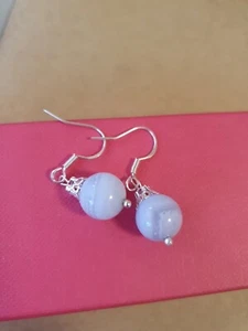 Damen Ohrringe mit Chalzedon Edelsteinen D 1cm , Hellblau , 925 Silber  - Bild 1 von 3