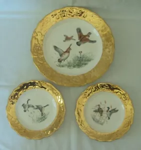 Vintage 1960er US CROWN-O-GOLD, umrandete Platten 22K Gold Spiel Vogel 9" & (2) 6" Teller - Bild 1 von 5