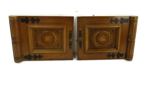 Pair Vintage Carved Wood Door Panels Breughel Style Architectural Salvaged 40s Cover