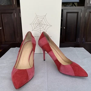 CHARLOTTE OLYMPIA Desirée In Stripes Rouge/Dark Pink Suede Pumps SZ38.5 MRSP$795 - Picture 1 of 13