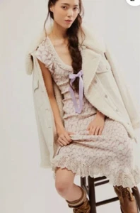 Free People Mckenna Samt Midikleid Ivory UK M UVP 188£ - Bild 1 von 17