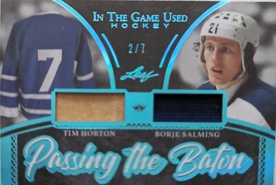 🔥#/7 BORJE SALMING TIM HORTON DUAL RELIC 2020-21 LEAF IN GAME USED JERSEY ITG🔥 - Image 1 of 4